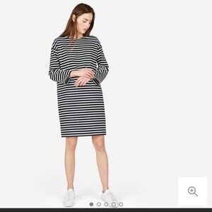 Everlane Dress Breton Stripe Oversized Black White 3/4 Sleeve Shift Mini Classic